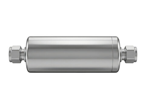 Stainless steel muffler mounted on a neutral white background for industrial applications.