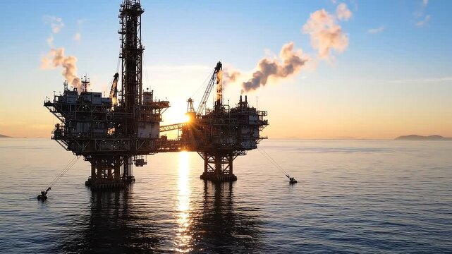 Majestic Ocean Oil Infrastructure and Derrick with Sun Reflection at Dawn