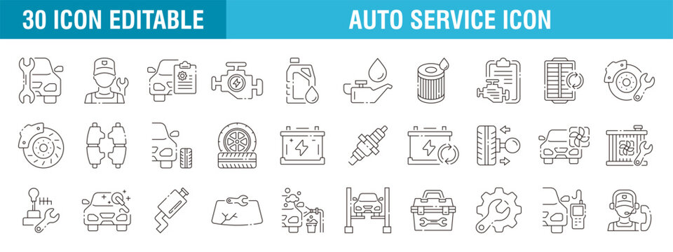 Collection of auto service icons. Repair, mechanic, engine, wash. vector icons editable stroke and resizable EPS 10.
