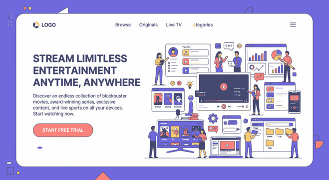 Media streaming website template with diverse content displays.