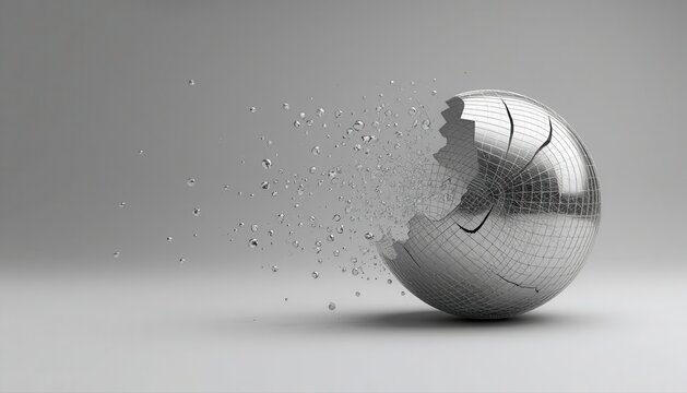 Abstract futuristic chrome sphere breaking apart into glowing particles against grey background with silver sphere particle explosion shattered sphere 3D sphere dissolving sphere digital sphere