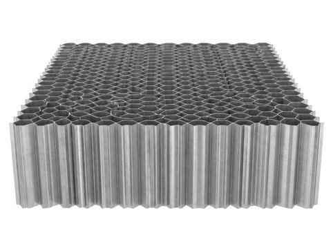 Stacked hexagonal metal tubes arranged in a geometric pattern on neutral background.