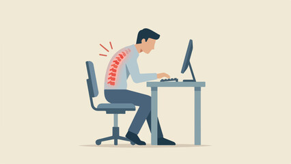 Fototapeta premium Poor office ergonomics, back pain, unhealthy posture concept, worker sitting at a desk with a glowing red spine indicating pain, clean minimal flat vector illustration