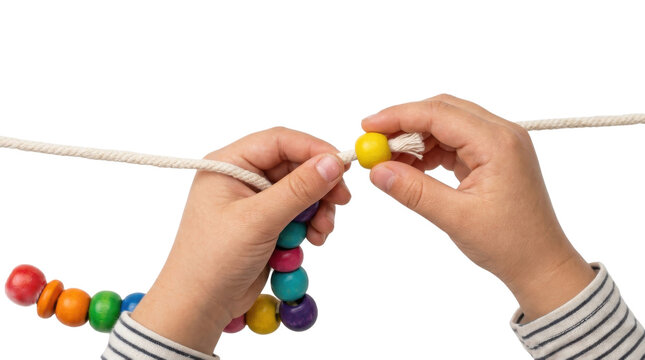 Childs hands stringing colorful wooden beads onto a thick rope PNG Isolated on transparent background