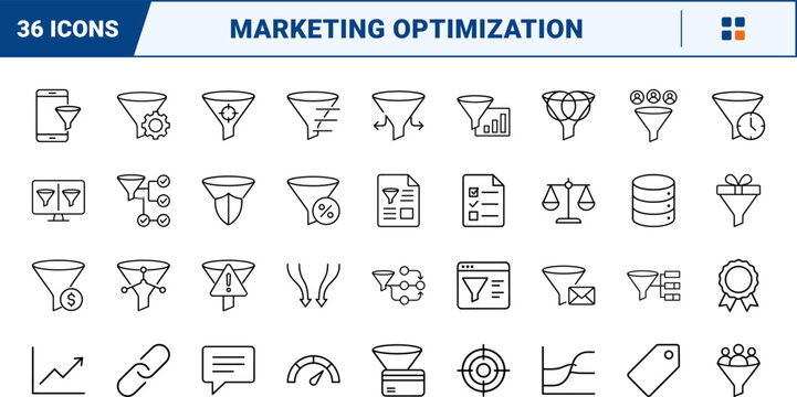 Funnel experiment plan line icon set. Vector pictograms of marketing, testing, conversion, and analytics elements, thin linear illustration.