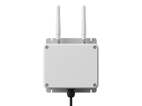 White electronic device with dual antennas and power cable for wireless communication systems.