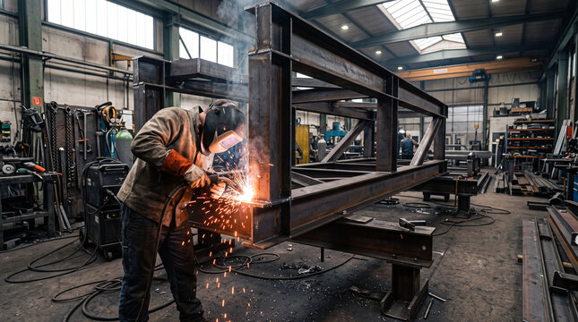 Male industrial welder in protective gear fuses steel beams in high-temperature workshop fabrication process
