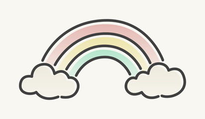 Fototapeta premium Rainbow with Fluffy Clouds Flat Vector Illustration. Soft pastel red, yellow, and green stripes. Perfect for children's decor, nursery prints, greeting cards, and playful design projects.