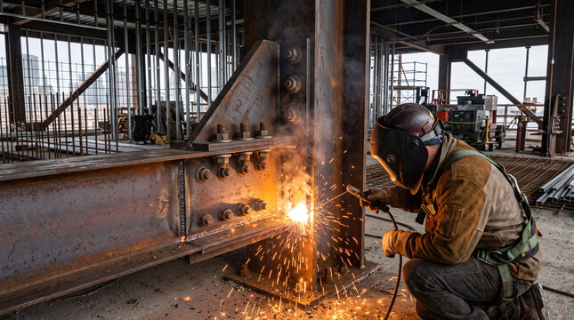 Industrial welder fuses steel beams in high-rise construction site with sparks flying