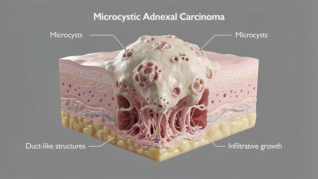 Microcystic adnexal carcinoma 3D medical illustration, skin tumor with microcysts and infiltrative growth