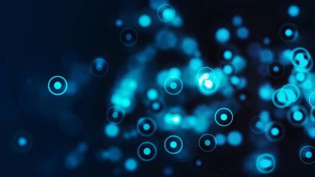 Glowing blue network node particles with target ring symbols floating on a dark background, representing digital communication, internet connection, big data, and smart technology.