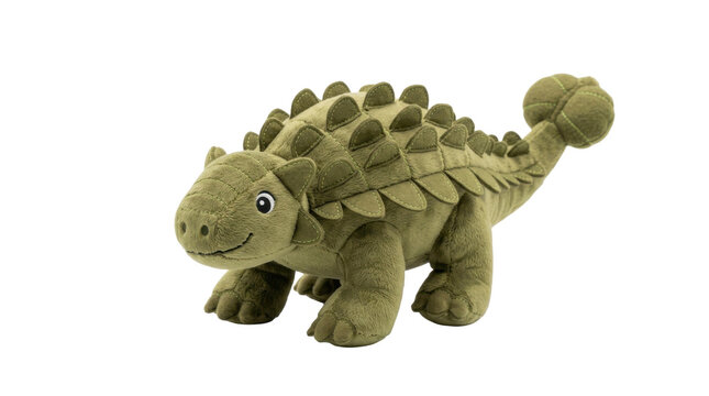 Cute green plush ankylosaurus dinosaur toy with detailed armor plates and a smiling face PNG Isolated on transparent background