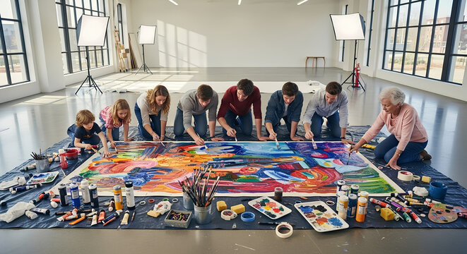 A diverse group of people, from children to an elderly woman, collaboratively paint a large abstract artwork on the floor of a bright art studio.