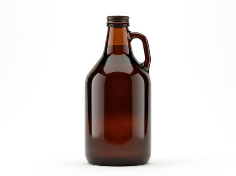 Amber glass growler bottle with handle stands upright against plain white background.