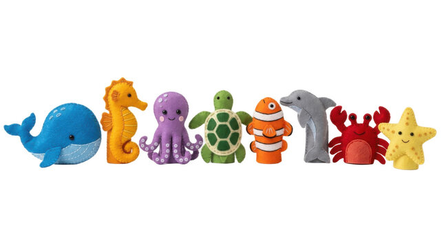 Set of cute felt ocean animal finger puppets for children PNG Isolated on transparent background