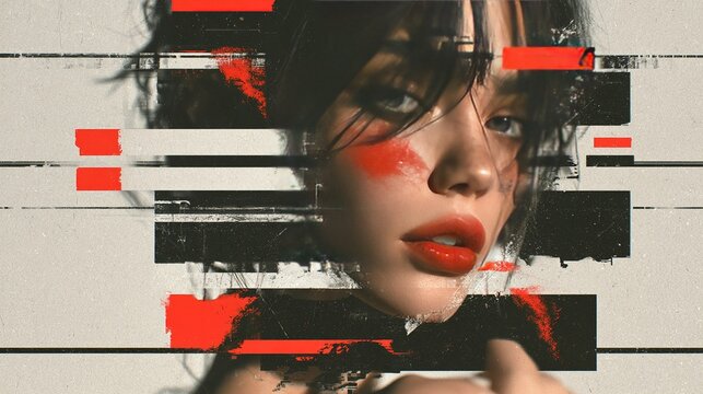 High‑contrast graphic artwork of woman profile portrait integrated with abstract stripes, digital artifacts, black geometry and red accent blocks on textured grey paper background