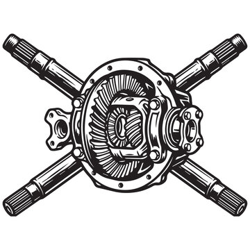 Vintage style automotive car differential gear assembly illustration.