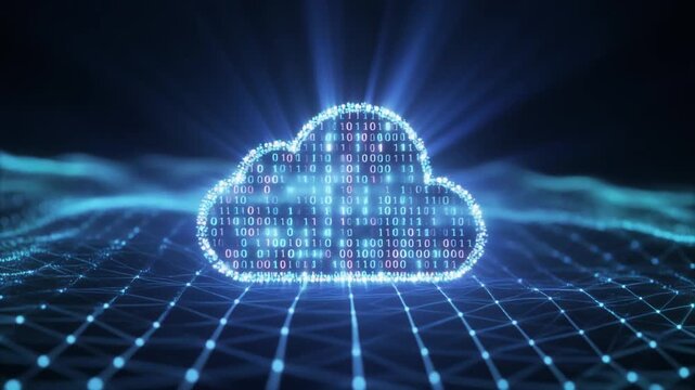 Glowing digital cloud computing symbol with binary code over a connected network grid