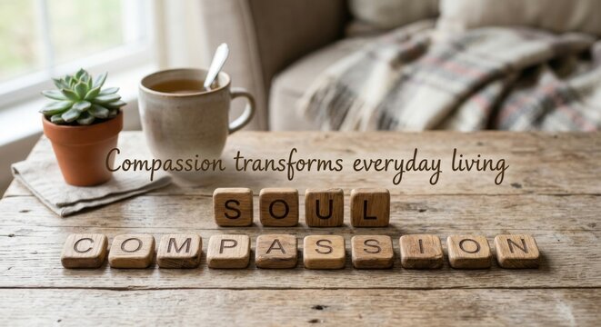 Wooden Tiles Spell Out Soul and Compassion on Rustic Table with Tea