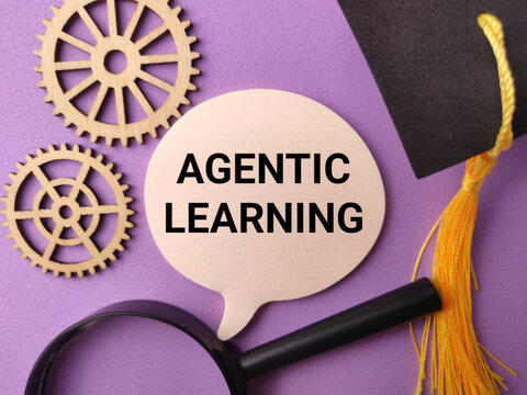 A speech bubble showing AGENTIC LEARNING lies near wooden gears, a magnifying glass, and a graduation cap on purple