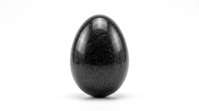 A solitary black egg-shaped natural stone, highly polished and reflective, standing upright against a clean white background, exuding a sense of calm and natural elegance