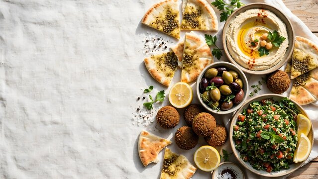 Middle eastern mezze platter with hummus tabbouleh falafel and flatbread on white linen