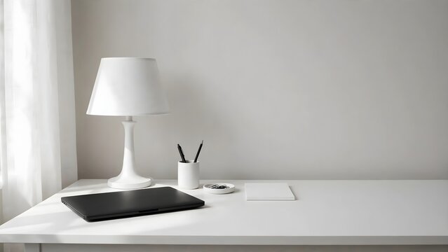 Minimalist desk with lamp laptop and notebook for modern office work