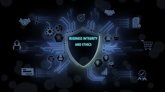 Digital business integrity and ethics concept featuring glowing shield with connected corporate governance symbols, compliance network and data security infographic animation