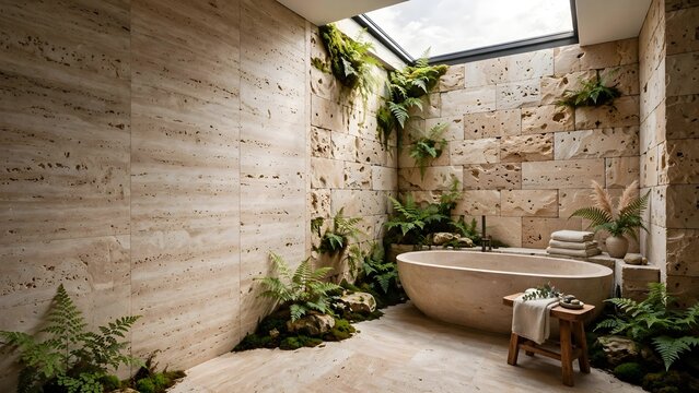 Modern bathroom with natural stone and lush plants integrated with skylight