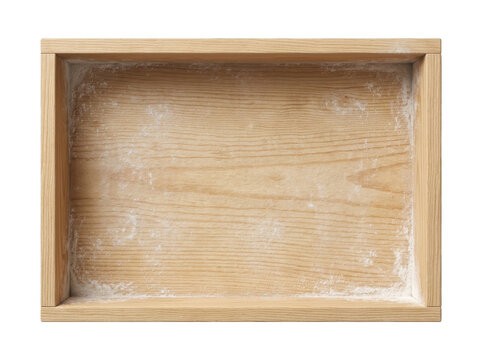 Empty wooden box with light powder residue inside showcases natural grain texture.