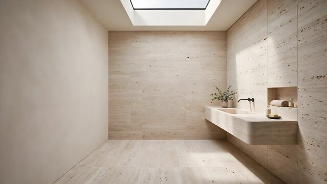 Modern minimalist bathroom interior with natural light and stone finishes