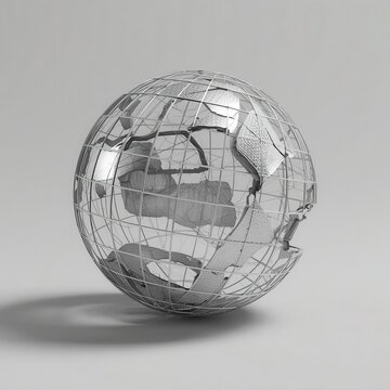 Metallic silver wireframe globe sphere with geographical grid lines on a clean white surface metal globe wire sphere silver earth abstract world mapping globe wireframe geography cartography