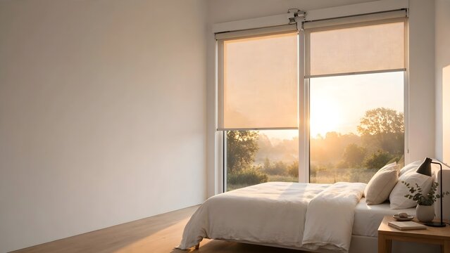 Modern minimalist bedroom with sunlit window and roller shades