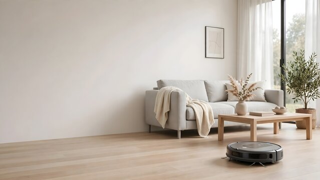 Modern minimalist living room interior with robot vacuum cleaner on wood floor