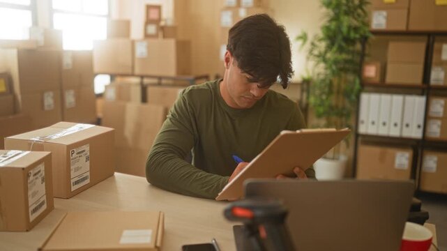 Man holding clipboard writing with pen at packing table surrounded by cardboard boxes, laptop, barcode scanner in a building; focused productivity.