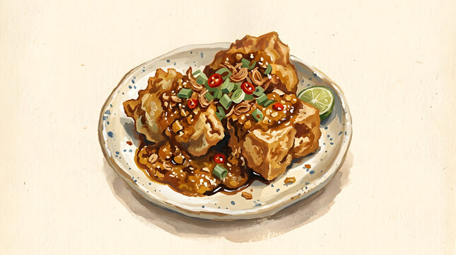 Batagor with peanut sauce illustration