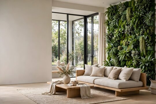 Modern minimalist living room interior with vertical green wall and natural wood furniture