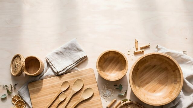 Natural wooden kitchenware collection with bowls spoons and cutting board on linen