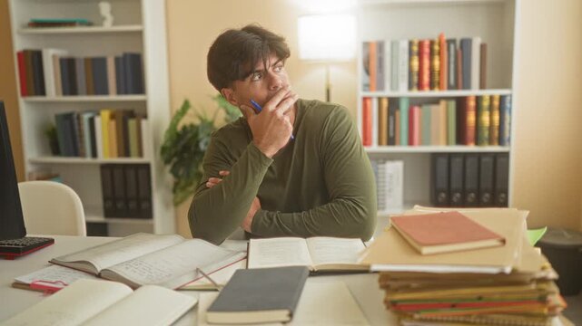 Man with hand on chin holding a pen at desk surrounded by open books, notebooks and stacked folders in a building; quiet contemplation.