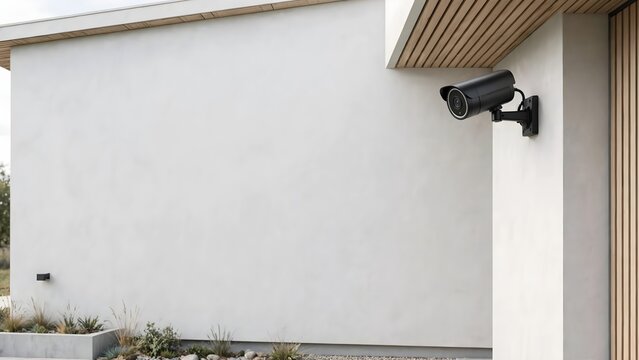 Outdoor surveillance camera mounted on building exterior wall security device