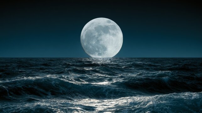 Full moon reflected on rough ocean waves at night