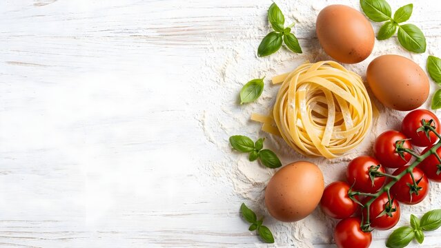 Raw ingredients for homemade pasta with eggs tomatoes and basil on white wooden background