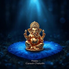 Fototapeta premium Lord Ganesha seated on a blue lotus in a mystical setting.
