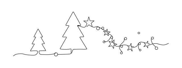 Obraz premium Continuous line drawing of two christmas trees and festive garland with stars and ornaments