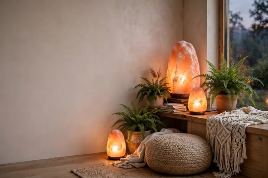 Soothing interior with salt lamps and plants creating a calm atmosphere