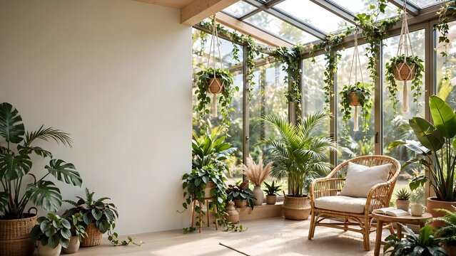 Sunlit conservatory interior filled with lush green houseplants and rattan furniture