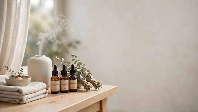 Wellness set with aromatherapy diffuser essential oil bottles and folded towels on table