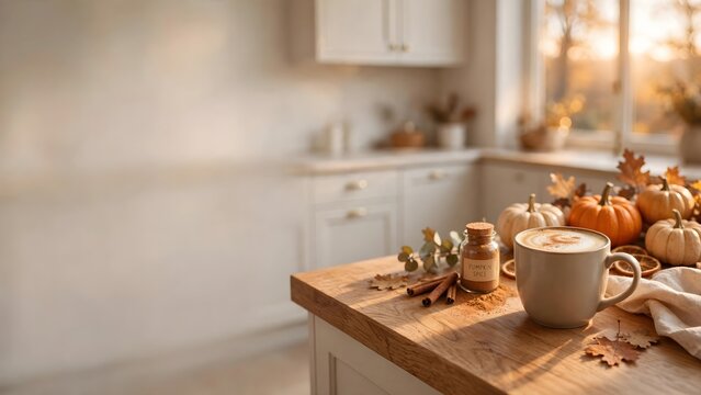 Warm mug of coffee with autumn decor on a kitchen counter