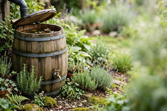 Wooden rain barrel collects water in lush green garden setting