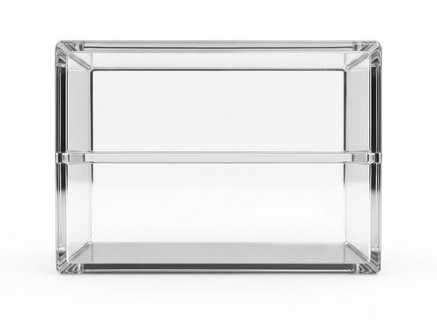 Transparent acrylic display shelf with two open shelves and a base frame.